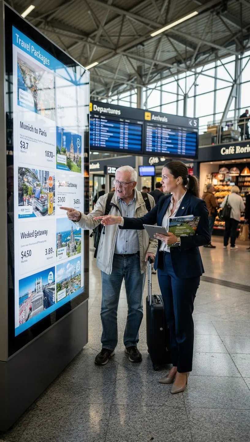 Digitales Dashboard zeigt geplante Zugverbindungen und Zeitpläne zwischen deutschen Städten.