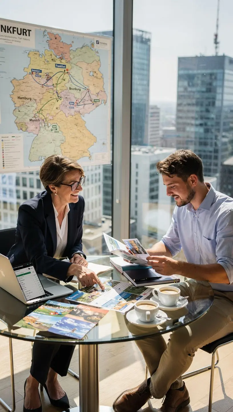 Reisende nutzen gedruckte Reiseroute als Orientierungshilfe während einer Deutschlandtour.