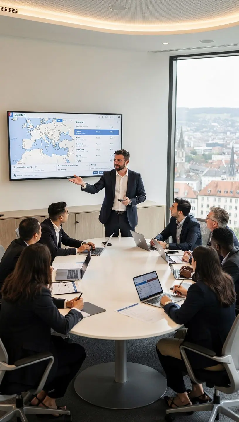 Reiseberater erklärt Kunden detaillierte Mehrstadt-Routenplanung mit gedrucktem Reiseplan.